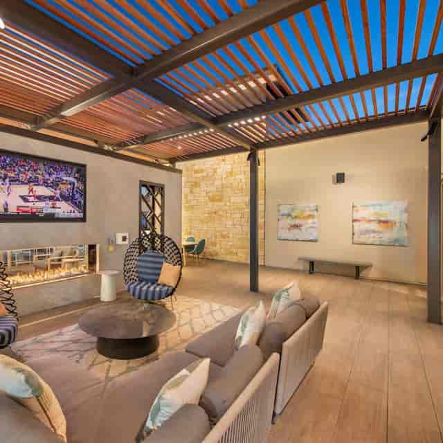 Stylish covered patio lounge at Venue Forty|50 for networking events and gatherings.