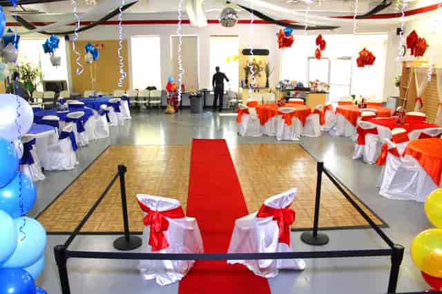 Vibrant event space in Frisco Hall with colorful decorations for celebrations and parties.