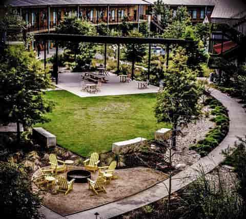 Lawn courtyard at Lone Star Court with greenery, ideal for events and gatherings.