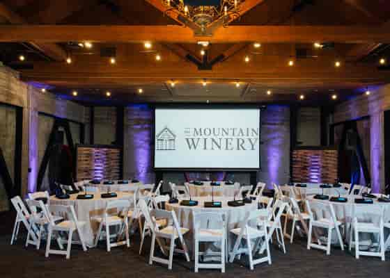 Elegant event space in The Grand Hall at The Mountain Winery, perfect for gatherings or presentations.
