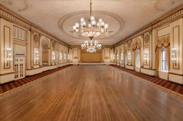 Elegant Fairmont ballroom with chandeliers, perfect for upscale banquets and corporate events.