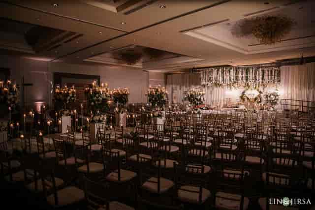 Elegant San Jose Marriott ballroom with romantic lighting for weddings and galas.