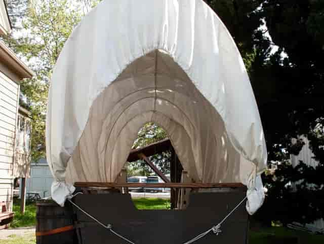 Creek Overlook Pavilion with rustic covered wagon for San José outdoor events.