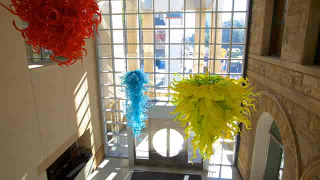 Vibrant entryway with large sculptures at San José Museum of Art for events.