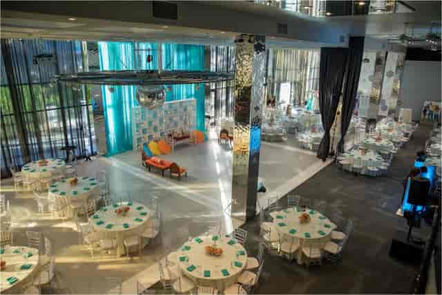 Outdoor patio event space with elegant decor for stylish gatherings and formal dinners.
