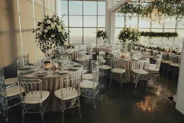 Elegant wedding reception at South Bay Event Center with floral centerpieces and modern decor.