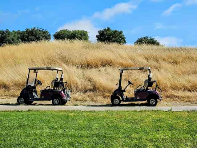 Indoor reception at Cinnabar Hills Golf Club with golf carts, ideal for team-building events.