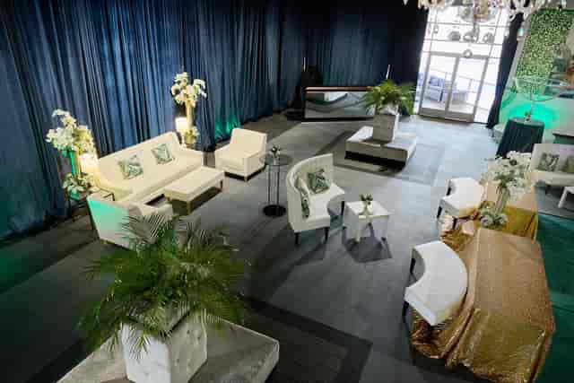 "Elegant event space with drapery in Buffalo Bayou Park for corporate gatherings."