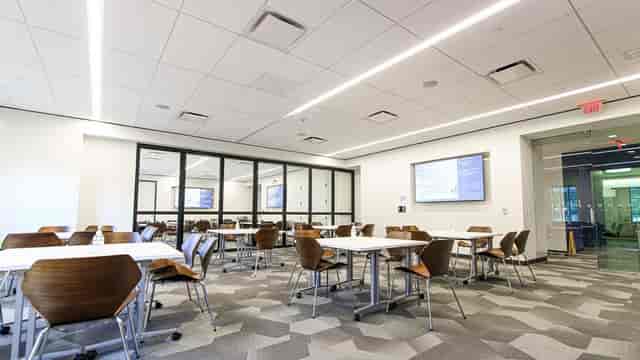 Function room at Rice University with flexible seating for meetings and events.