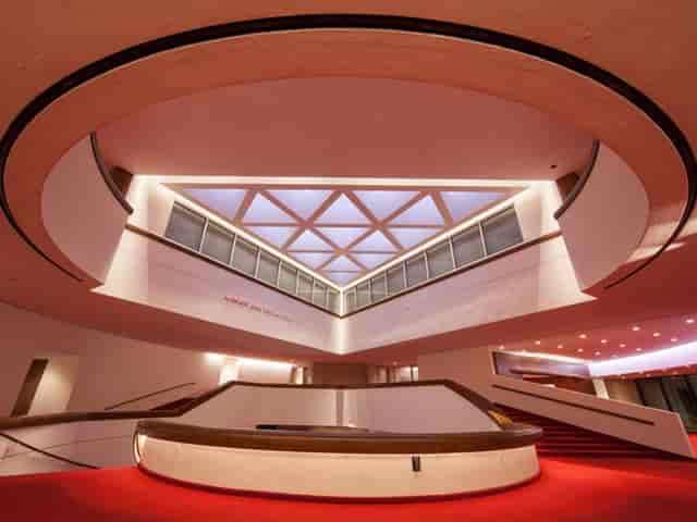 Hubbard Stage at Alley Theatre: elegant event space with a stunning geometric ceiling.