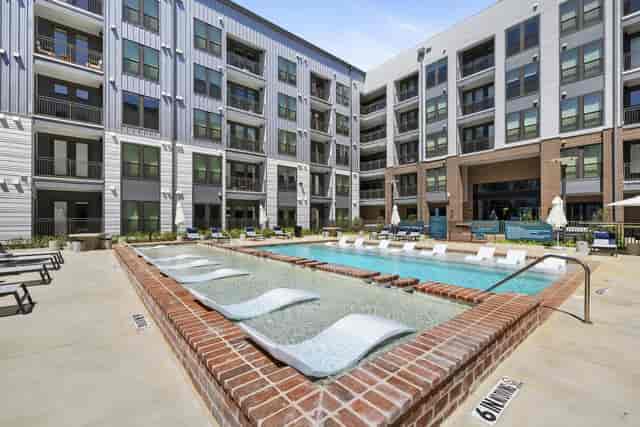 Modern outdoor pool at Sawyer Yards, perfect for summer networking events and gatherings.