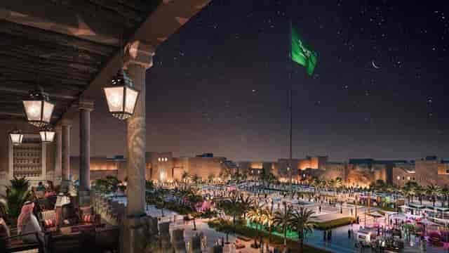 Diriyah Horizon night view with historical architecture for events in Saudi Arabia.