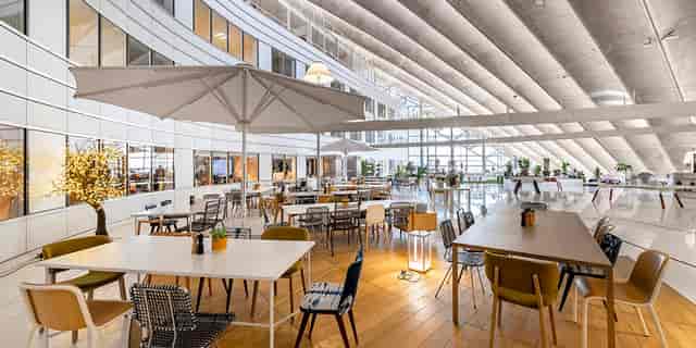Modern open-plan event space with natural light, ideal for networking and casual gatherings.