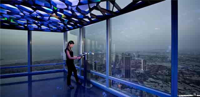 Burj Khalifa viewing deck, modern venue for corporate events with panoramic city views.