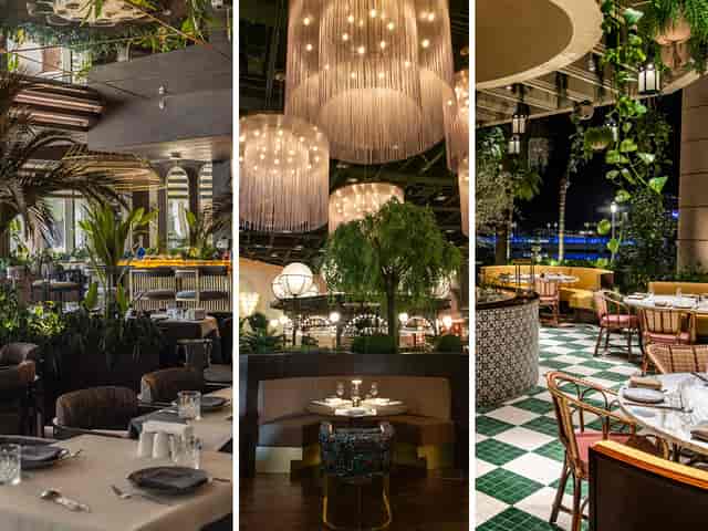 Elegant dining area in COYA Doha, ideal for events and gatherings with lush greenery.