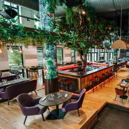Modern Brasserie in Docks 40, greenery decor, ideal for events and gatherings.