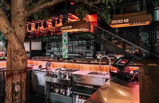 Stylish Brasserie at Docks 40 with ambient lighting, perfect for events and gatherings.