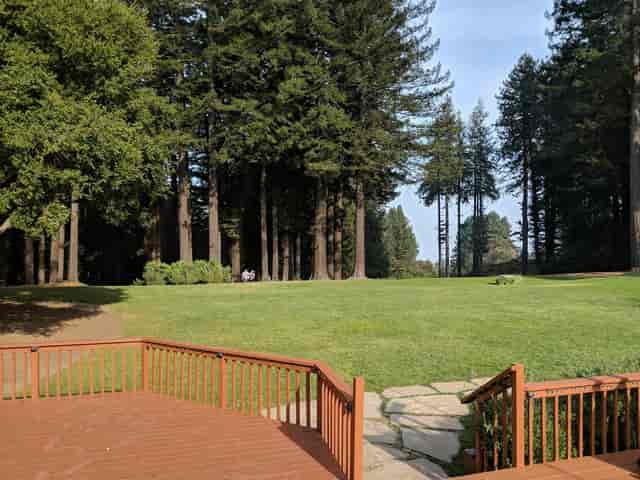 Redwood Deck at The Mountain Terrace, serene outdoor venue for events, surrounded by trees.