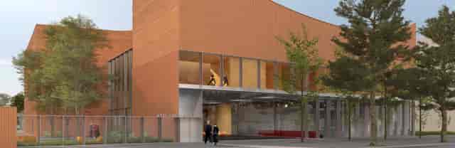 Modern event venue at Maison de la Danse with glass façade, ideal for meetings and receptions.