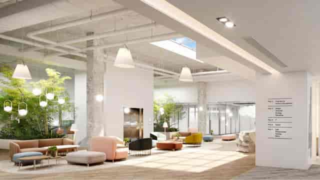 Modern co-working space with natural light for creative meetings and conferences.