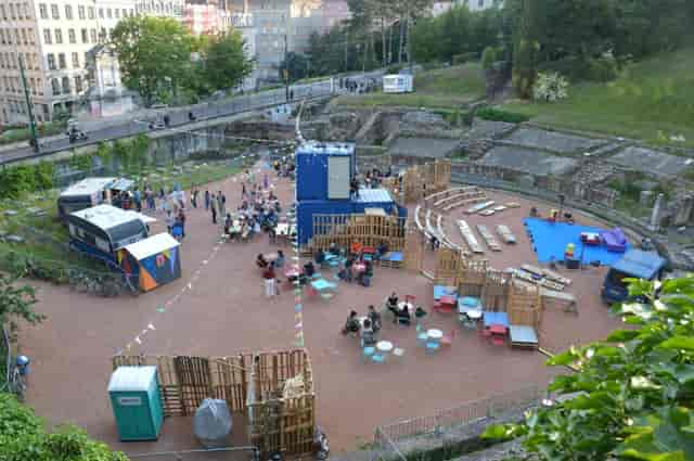 Outdoor amphitheater at La Friche Lamartine, perfect for festivals and workshops.