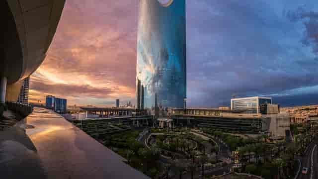 Wedding Hall at Kingdom Centre: modern architecture, sunset backdrop for corporate events.