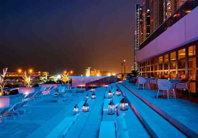 Stylish rooftop Lounge at Buddha-Bar Dubai, perfect for upscale evening events and gatherings.