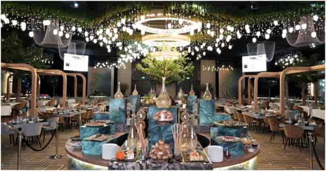 Al Thuraya Ballroom in Fairmont Riyadh, elegant buffet setup for upscale corporate events.