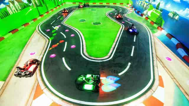 Indoor go-kart track with colorful karts for team-building events and corporate outings.