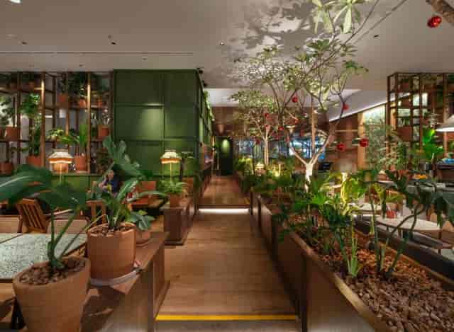 Indoor event space at Social Garden, featuring lush greenery and warm lighting.