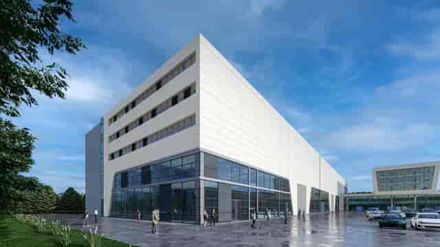 Modern event venue at ZAL, featuring glass facades for conferences and exhibitions.