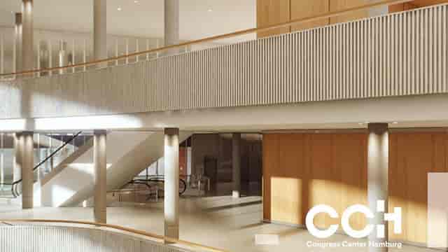 Congress center foyer, modern lobby, event setup