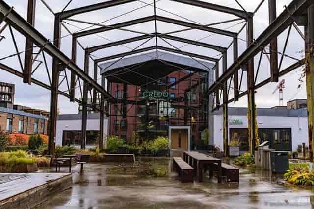 Industrial outdoor event space, brick, steel, urban venue