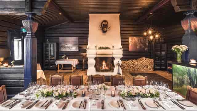Grefsenkollen Festsalen banquet, fireplace, corporate dinner, wedding venue