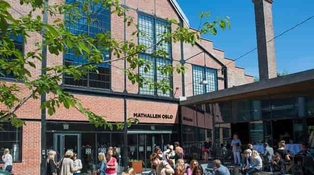 Mathallen Oslo industrial event space, outdoor seating