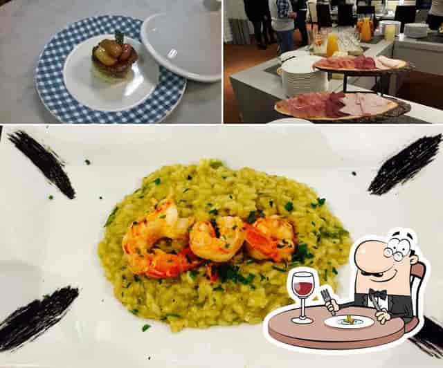 Novotel Milano event catering: plated appetizer, charcuterie buffet, seafood risotto.