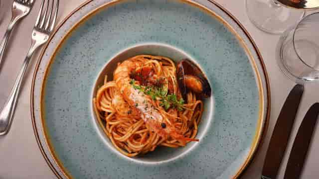 Seafood pasta, corporate gala, upscale event