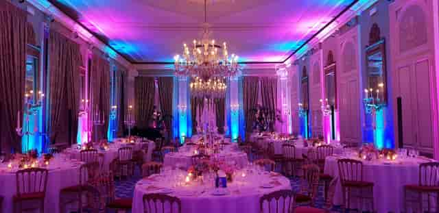 Impero Villa D'Este ballroom, magenta/teal uplighting, gala event