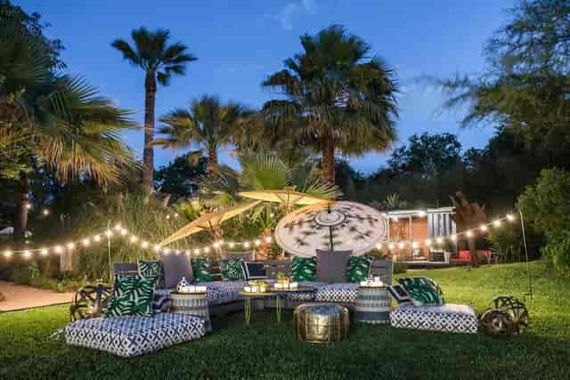 Ivy Hall courtyard, string lights, outdoor event, summer party