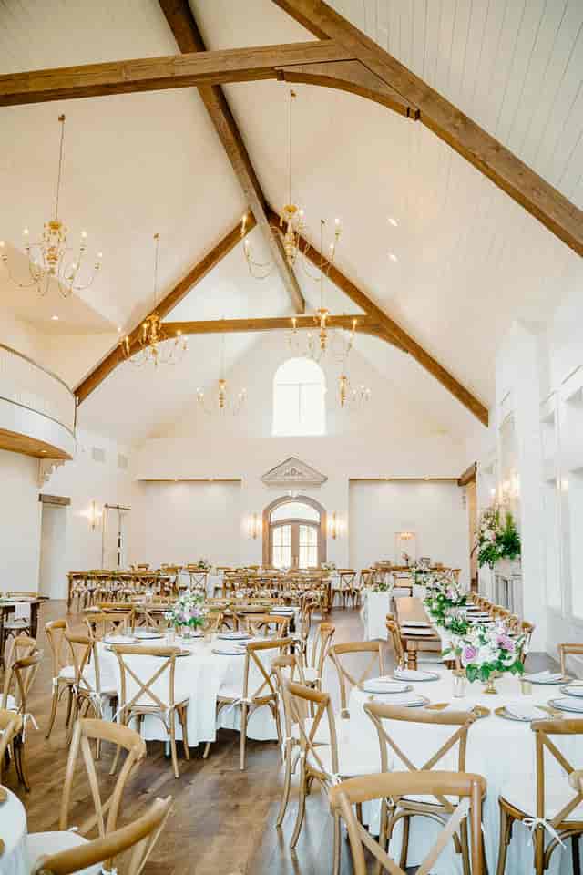 French Farmhouse wedding hall, high ceilings, rustic charm