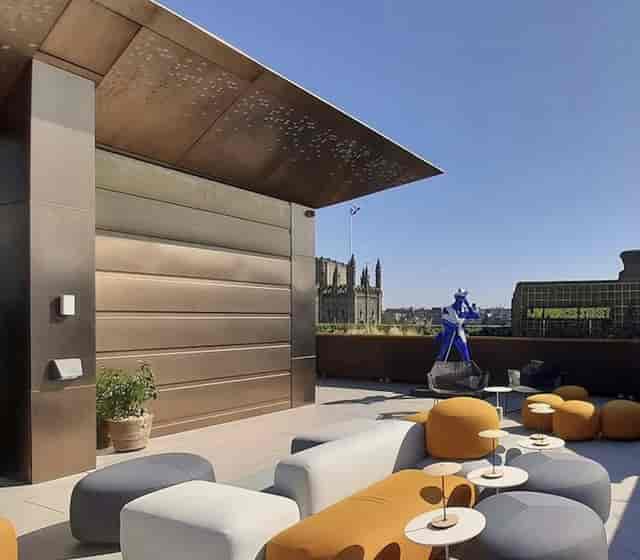 Rooftop bar, city view, product launch, VIP reception