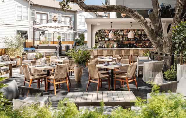 The Well patio, chic event space, cocktail reception