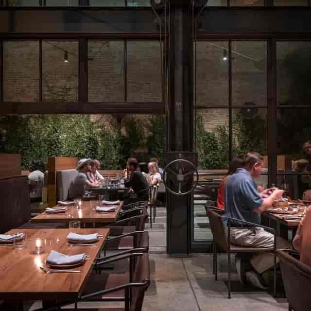 Modern patio restaurant, corporate dinner, networking event