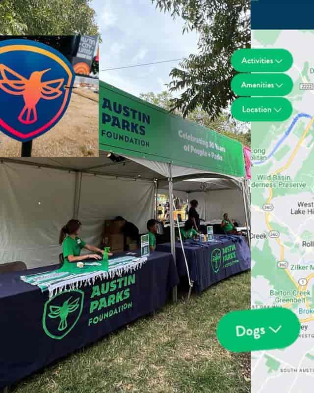Austin Parks Foundation event: tent, map, community, fundraising