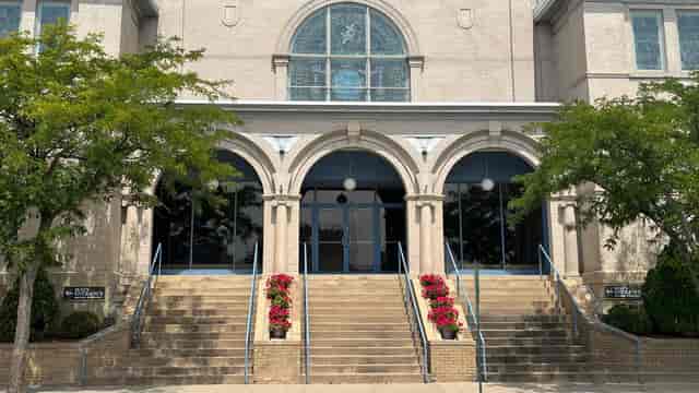 Church wedding venue, grand stairs, classic architecture