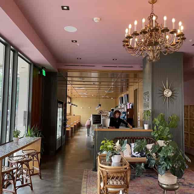 Coldtowne Theater lobby, pink ceiling, chandelier, event venue