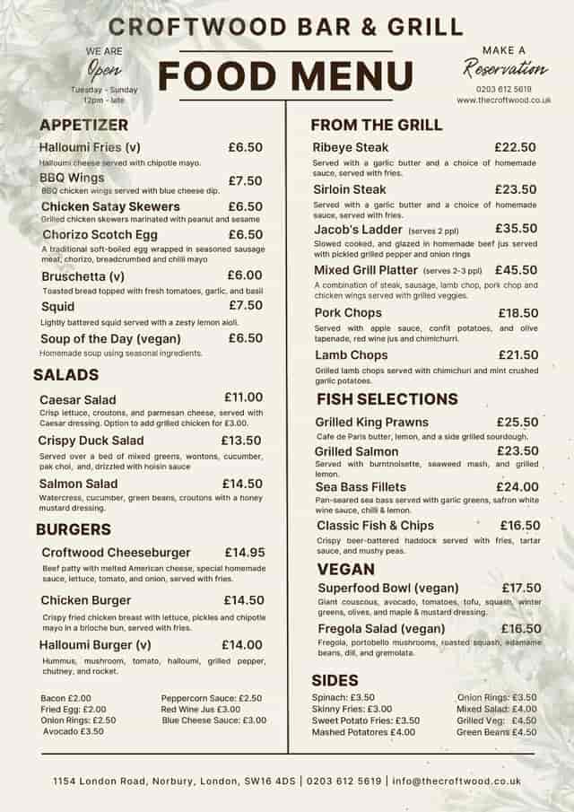 Croftwood Bar & Grill menu, event catering, dining options