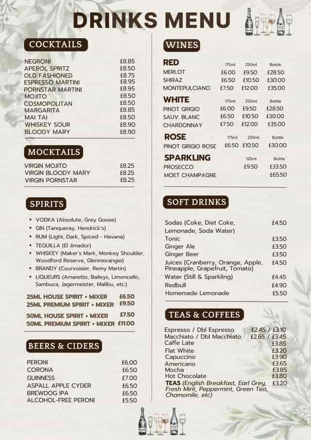 Croftwood Bar & Grill menu, mocktails, restaurant, event