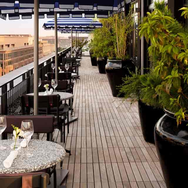 Stylish outdoor terrace at Café Riggs, perfect for upscale events and gatherings.