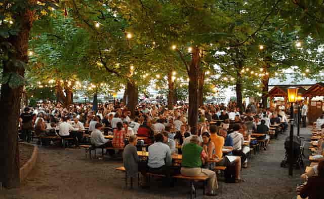 Munich beer garden event, outdoor seating, corporate party